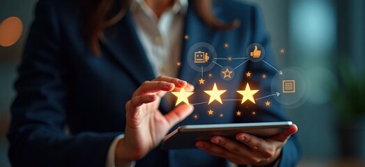 business person reviews customer feedback data on tablet. analyzing reviews to improve service quali