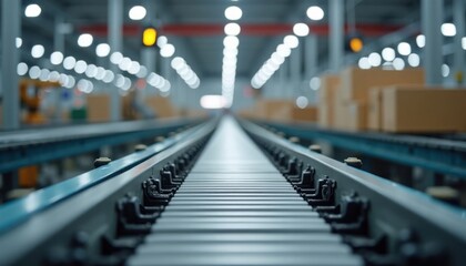 Poster - Industrial conveyor belt carries goods inside factory. Modern machinery operates smoothly in background. Automated logistics system. Efficient goods transport. Factory interior. Minimalist design.