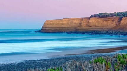 Poster - Stunning Coastal Sunset Illuminating Tranquil Waters and Rugged Cliffs During Twilight Hours