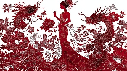 Poster - Intricate Chinese Paper Cut Art Featuring Dragons and Floral Patterns