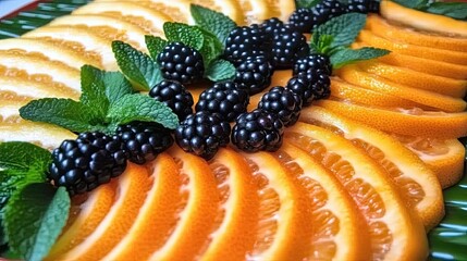 Poster - Colorful Exotic Fruit Platter Showcasing Vibrant Slices of Melon and Blackberries With Fresh Mint
