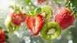 © Sarawut - A burst of fresh Bijin-Hime strawberries and kiwi slices mid-air with colorful fruit liquid splashes and water droplets, perfect for seasonal promotions.
