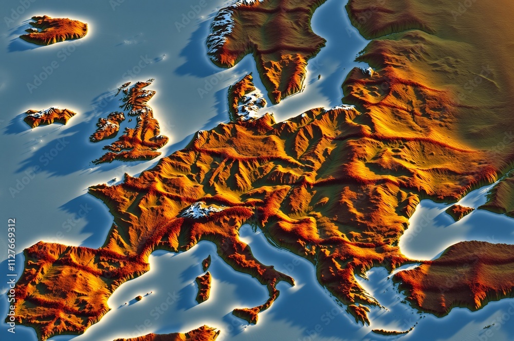Detailed Topographic Relief Map of Europe with Highlighted Mountain ...