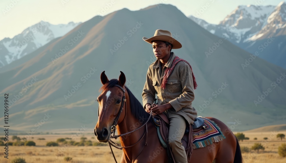 Teenager rides horse in Lesotho countryside. Majestic mountains form backdrop. Traditional Basotho blanket adorns horse. Calm, contemplative atmosphere. Rural scene. Travel, adventure theme. Possible
