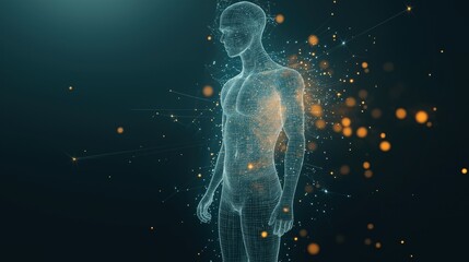 Poster - Futuristic holographic human body in cyberspace. Data stream visualization. Abstract 3D digital art. Network of light, lines. Artificial intelligence concept. Glowing body structure. Tech background.