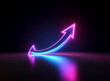 © joeycheung - A vibrant, curved neon arrow ascends, glowing with pink and blue light against a dark background. Its reflection adds depth to the scene.