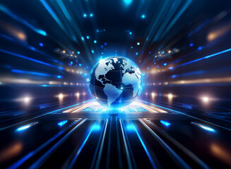 Aufkleber - A futuristic depiction of Earth, glowing brightly at the center of converging light streaks, symbolizing global connectivity and rapid technological advancement.