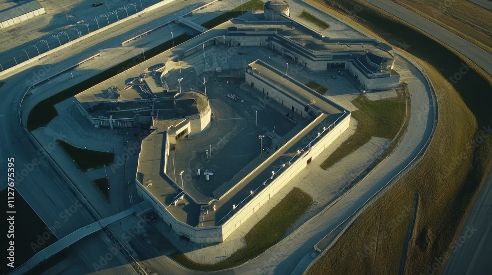 One Low Key Building Aerial view of a large, low-rise building complex with surrounding ...