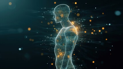 Aufkleber - Futuristic illustration shows data flow processing. Holographic human body in cyberspace network. Abstract 3D digital art visualizing consciousness of artificial intelligence. Binary code streams,