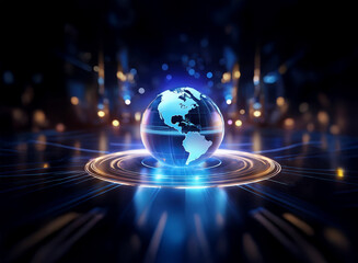 Aufkleber - a glowing, futuristic depiction of earth, encircled by energy rings, set against a backdrop of a blu