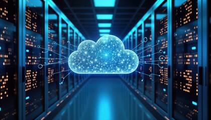 Poster - Futuristic server room shows cloud data storage. Neon lights illuminate tech equipment, racks. Modern tech infrastructure in data center. Advanced networking system, future of computing. High-tech
