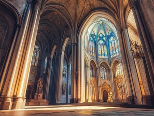 Wall Mural - Ornate cathedral interior, stained glass, sunlight.