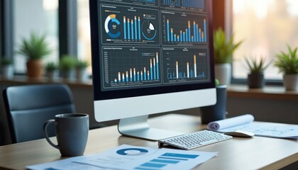 Poster - Modern office workspace with computer displaying charts, graphs. Reports on desk. Pro tech environment. Data analysis in progress. Business planning. Modern design. Focus on productivity, data.