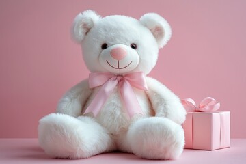 Adorable white teddy bear sits on pink background next to pink gift box. Soft plush toy with pink ribbon. Perfect for birthday gift special occasion. Cute, lovable gift idea for kids. Ideal for