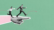 © Leo Lintang - Two business people walking on the human hand with the gesture of pointing ahead on a colored background