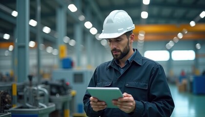 Poster - Engineer examines tablet in factory. Man in uniform uses tech to manage manufacturing process. Modern tech key for productivity in industrial environment. Professional focus on production. Industrial