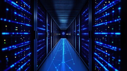 Poster - Digital server racks line data center hallway. Glowing blue lights show tech processing inside. Modern infrastructure powers AI, neural network innovations. Cutting-edge tech solutions central to