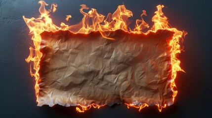 Burning crumpled paper with copy space on dark background.