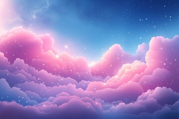Poster - Pink, purple clouds with starlight create dreamy sky scene. Fluffy clouds glow with starlight in soft dreamy look. Vibrant abstract background perfect for marketing, presentations, websites.