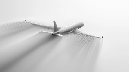Poster - Curved lines depict airplane flight path complemented simple geometric shapes and limited color palette white backdrop showcasing fluid motion.