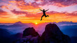 © Siasart - Silhouette Jumps Mountains Sunset: Achieving Dreams