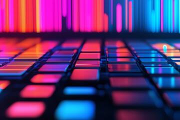 Close-up of a colorful, illuminated digital interface with vibrant patterns.