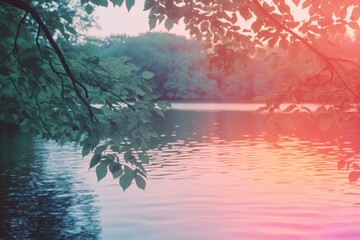 Wall Mural - Serene Sunset Over Calm Lake, Framed by Branches