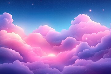 Poster - Pastel pink, purple clouds fill sky at dusk dawn. Starlight shines through soft clouds. Abstract design evokes dreamy, magical atmosphere. Perfect for presentations about dreams, fantasy, cosmos.