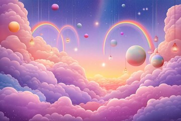 Aufkleber - Pink, purple clouds float in sky. Stars twinkle. Multiple rainbows arch across scene. Planets, lanterns hang from clouds. Beautiful fantasy dreamlike landscape. Magical, dreamy atmosphere. Perfect