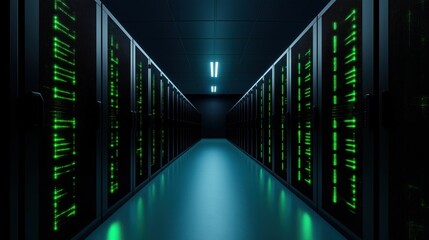 Aufkleber - Dark server room. Rows of server racks. Glowing green lights in racks. Modern tech infrastructure. Powerful computing hub. Data center. High-tech environment. Data service center. Futuristic tech.