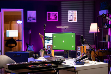 Poster - Empty home studio with computer running greenscreen display, audio equipment and mixing instruments used for recording tunes. Music production and acoustics gear in modern space.