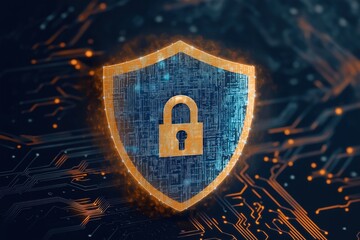 Aufkleber - Digital shield with lock graphic shows cyber security, data protection. Advanced tech safeguards data privacy. Generative AI creates secure networks. Firewall technology protects against threats.