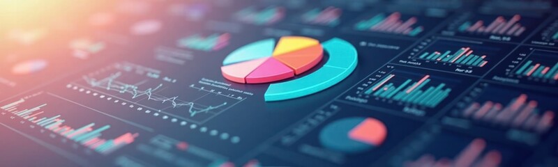 Poster - Modern tech dashboard displays customer data analysis with pie charts, graphs. Visual design sleek, 3D illustration. Data analysis central element of illustration. Trendy visual elements make data
