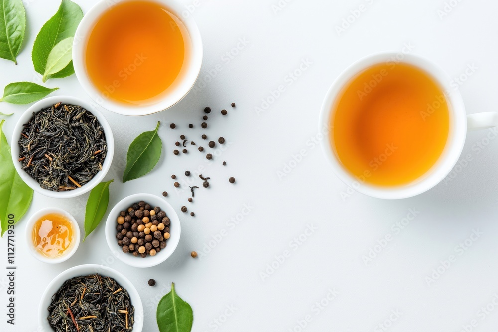 Tea Add Photo Close-up view of various types of tea in small white bowls. Green tea ...