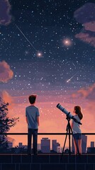 Wall Mural - Young Couple Stargazing Cityscape Night Sky