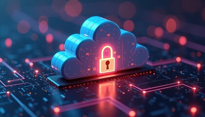 Poster - Abstract illustration of cloud data protection. Stylized cloud icon combined with secure padlock symbol. Advanced tech illustration shows cloud computing data security. Secure cloud storage concept.