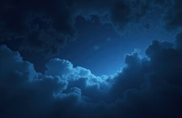 night sky full of dark blue clouds, white specks of stars. deep blue color palette creates mysteriou