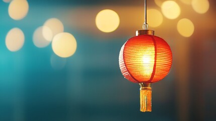 Poster - Chinese lanterns new year, vibrant and light. Red lantern glowing against a blurred colorful background with bokeh effects.