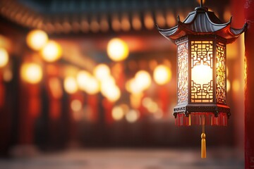 Poster - Chinese lanterns new year, vibrant and light. A beautifully crafted lantern glowing softly in a blurred traditional setting.