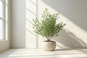 Aufkleber - Stylish minimalist room interior design mockup. Plant in beige pot against white wall with natural light, shadows. Modern, elegant home design. Empty space for product display. Suitable for