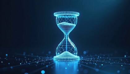 Poster - Futuristic glowing lines hourglass on dark blue background. Modern design shows digital time passing. Tech illustration highlights dynamic concept of time. Glowing lines form low poly wireframe