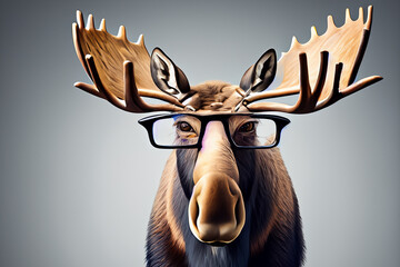 Wall Mural - Moose wearing glasses and hat. Moose with glasses on gray background. Elk with brown glasses on a gray background. A moose with glasses and a brown elk on a gray lifestyle background.