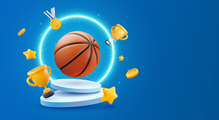 3d basketball ball on podium with flying cups, medals, stars with neon lights effect on blue backgro