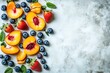 © deny - Flat lay with fresh organic summer berries and fruits of strawberries, blueberries and peaches on a white background with hard shadow. Top view and copy space