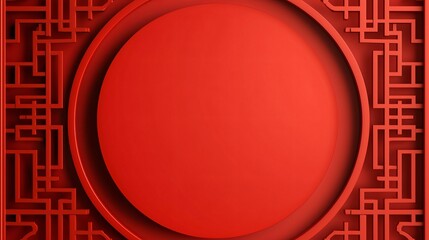Poster - Chinese new year. backdrop and podium mockup. Red circular design with intricate patterns, suitable for backgrounds or graphics.