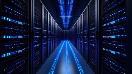Poster - Modern data center. Glowing blue tech infrastructure. Server racks. High tech AI system. Data processing. Network architecture. Tech solutions. Generative AI hub. Advanced server system. Futuristic