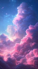 Poster - Beautiful pink, purple clouds fill sky. Stars twinkle in dark blue background. Fluffy clouds look like cotton candy. Soft light makes scene magical. Dreamy image ideal for presentations, websites,