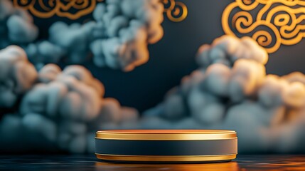 Poster - Chinese new year. backdrop and podium mockup. A circular platform surrounded by stylized clouds and a colorful backdrop.