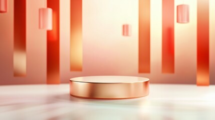 Poster - Chinese new year. backdrop and podium mockup. Minimalist podium with vertical orange accents on a soft background, perfect for product displays.