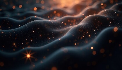 Poster - Abstract design with dark background. Flowing lines form soft waves. Radiant lights create luminous effect. Modern, creative visual. Suitable for tech, design, abstract concepts. Elegant look for
